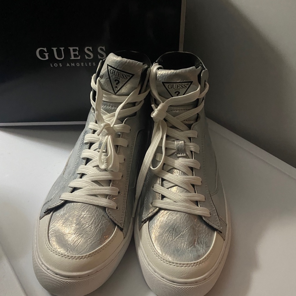 Silver and white hightop sneakers Guess